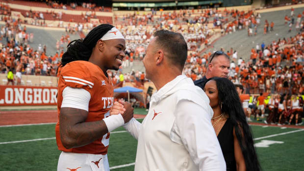 Texas Longhorns QB Maalik Murphy and head coach Steve Sarkisian